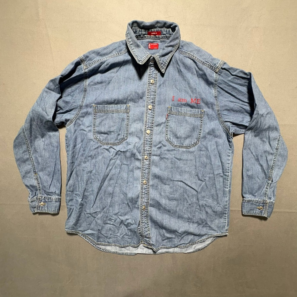 Levis Loose Fit Denim Button Down Shirt Blue I Am Me Embroidered Mens XL